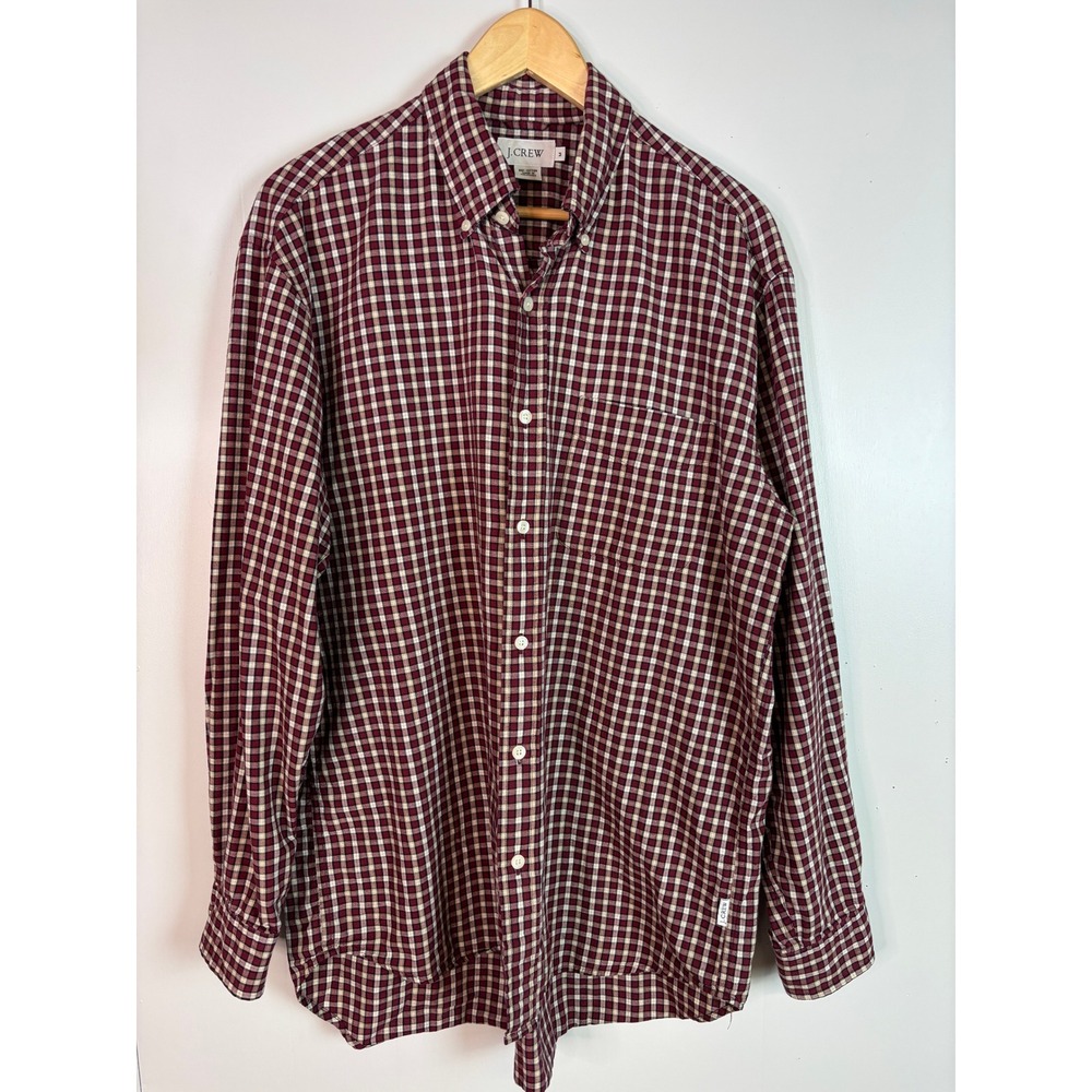 J.Crew Button Down Shirt Medium Burgundy Plaid 100% Cotton Long Sleeve Mens